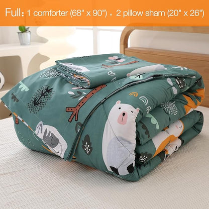 JSD Green Forest Animals Kids Comforter Set Full Size, 3 Piece Woodland Printed Microfiber Bedding Set, Machine Washable