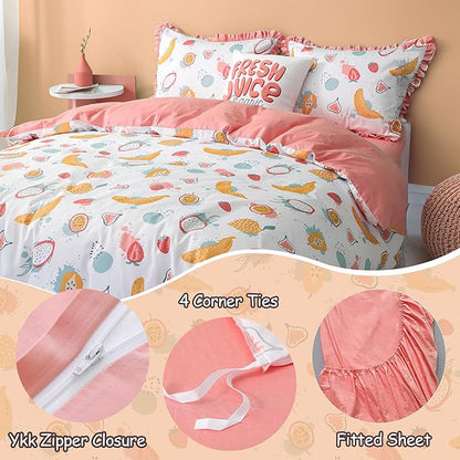 Simple&Opulence 100% Organic Cotton Duvet Cover for Kids Teens, 3 Piece Soft Cartoon Comforter Cover with Zipper Closure, Kawaii Girls Bedding Set with Colorful Fruits Pattern, Twin