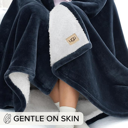 UGG Nita Full/Queen Blanket Fleece Fluffy Reversible Soft Fuzzy Bedding Cozy Plush Warm Oversized Blanket Machine Washable Bedroom Decor for Big Couch or Bed, 90-inch x 90-inch, Navy Blue