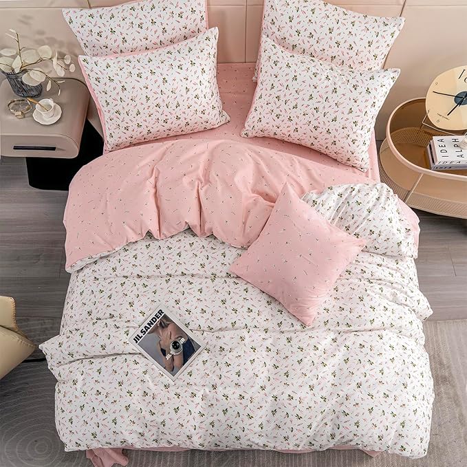 Jane yre Duvet Cover Queen Floral Brushed Microfiber 3 Pieces Floral Bedding Set Queen Garden Style Pink Floral Pattern Flower Queen Duvet Cover with Zipper Closure Luxury Soft Breathable Comfy