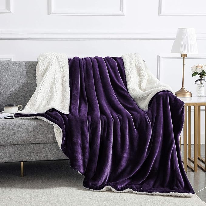 IR Imperial Rooms Purple Sherpa Fleece Throw Blanket for Bed - Wholesale Bulk Pack of 16 Sherpa Blankets - Soft Fluffy Throw Blankets for Hotels, Guest Bedroom, 50x60 Inches
