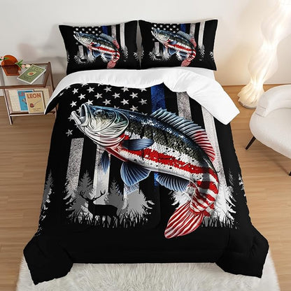 HOSIMA Soft Microfiber Black King Size Comforter Set with 2 Pillowcases,American Flag Striped Bass Pattern Bedding Sets,Fishing Comforter Kids Men Boys Room Decor,Room Essentials for Men.