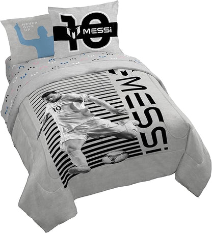Jay Franco Kids Comforter Set Includes Sheets and Pillow Cover - Soft and Cozy Bed Set for Stylish Room Décor, Grey - Lionel Messi, 7 Piece Queen