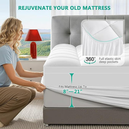 Twin XL Mattress Topper - Extra Thick Mattress Pad Cover - Pillow Top with Soft Breathable Spiral Fiber Filling, 8-21 Inch Deep Pocket, Cooling, White