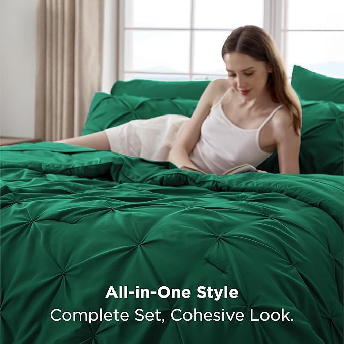 Bedsure Twin Comforter Set Dark Green - Bed in a Bag Twin Size 5 Pieces, GentleSoft™ Pintuck Bed Set Gift for Family, Pinch Pleat Dark Green Comforter with Sheets, Pillowcase & Sham