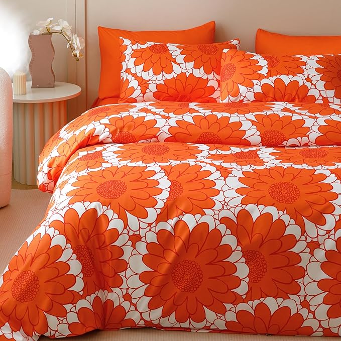 Wellboo Red Sunflower Comforter Sets Cal King Boho Orange Floral Bedding Set California King Women Girls White and Red Botanical Quilt Summer Floral Comforter Flower Plant Blankets Garden Bohemian Bed