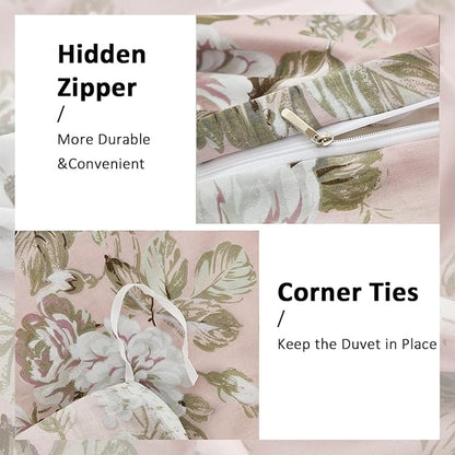 Floral Duvet Cover Queen Size Soft 100% Nature Cotton Vintage Style Pink Bedding Set with Zipper Closure 3 Pcs Cottagecore Botanical Duvet Cover, Ultra Soft, Breathable