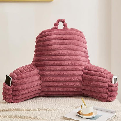 Faux Fur Fluffy Dusty Rose Reading Pillow with Pockets, Luxury Striped Plush Decorative, Arm Rests and Back Support for Bed Rest, Lounging on Sofa, Extra Large Size for Adult.