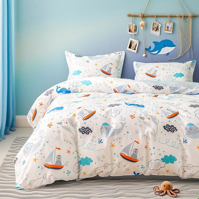 Simple&Opulence 100% Organic Cotton Duvet Cover for Kids Teens, 4 Pieces Soft Comforter Cover with Zipper Closure Cool Boy Girl Sea Sailboat Ocean Bedding Set - Whale, Full/Queen