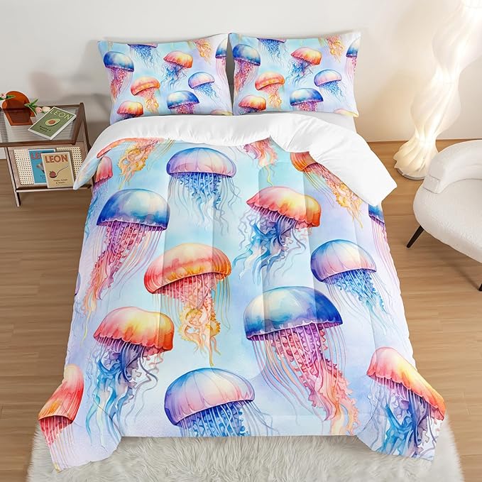 HOSIMA Jellyfish Pattern Comforter Sets Full Size,Fantasy Marine life Bedding Set,Watercolor Ocean Animals Comforter Sets for Kids Boys Girls Room Decor with 2 Pillowcases.