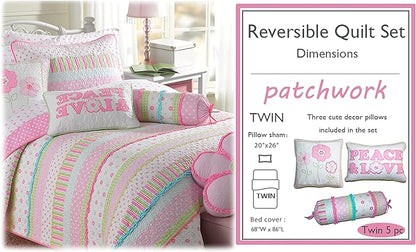 Cozy Line Home Fashions Pink Ruffle Flowers Polka Dot Girl 100% Cotton Reversible Quilt Bedding Set, Coverlet, Bedspread for All Seasons (Twin - 5 Piece)