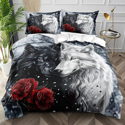 Kids Teens Bedding Cover Set Twin Size 3 Pieces Soft Cozy Comforter Cover Set Vibrant Black and White Colors Wolf Print Red Rose Design Microfiber Duvet Cover Set,Twin