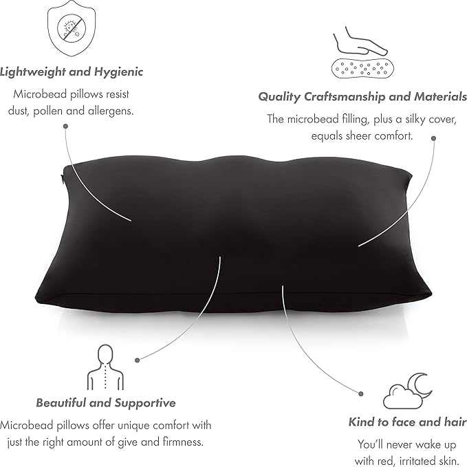 PILLOWY Premium Microbead Bed Pillow, Small Extra Fluffy But Supportive - Ultra Comfortable Sleep with Silk Like Anti Aging Cover 85% Spandex/ 15% Nylon Breathable, Cooling Matte Black