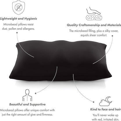 PILLOWY Premium Microbead Bed Pillow, Small Extra Fluffy But Supportive - Ultra Comfortable Sleep with Silk Like Anti Aging Cover 85% Spandex/ 15% Nylon Breathable, Cooling Matte Black