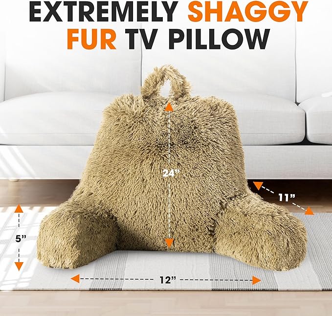 Cheer Collection Fluffy Reading Pillow Chair - Shaggy Hair Chair Pillow with Arms for Bed & Couch, Gold