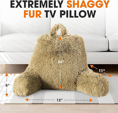 Cheer Collection Fluffy Reading Pillow Chair - Shaggy Hair Chair Pillow with Arms for Bed & Couch, Gold