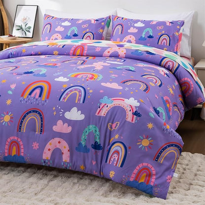 Holawakaka Boho Rainbow Twin Comforter Set with Sheets, 5-Piece Bohemian Love Heart Star Bedding Set for Girls & Women -Super Soft Microfiber Kids Teen-girls Twin Size Lavender Reversible Bed-in-a-Bag