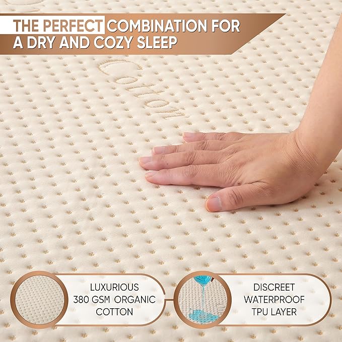 Luxury Waterproof Organic Mattress Protector Calif King - Organic Cotton Breathable Mattress Pad Cover - Premium 380 GSM Comfort - Deep Pocket - Jersey Cotton Skirt - Fitted Design