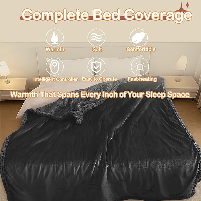 Heated Blanket Twin Size Electric Blanket 62" x 84" with 5 Levels Heating & 10Hs Auto Off, Silky Microplush Flannel & Warm Sherpa Fabric, Machine Washable, Great Christmas Birthday Gifts, Black