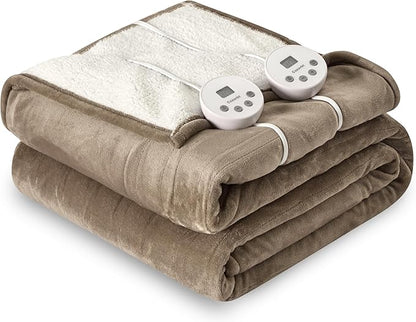 Heat Blanket 84”x90” Queen Size-Dual Control，Soft Flannel & Sherpa Electric Blanket with 10 Heat Settings,12 Timer Setting and 8 Hours Auto-Off,ETL Certified Machine Washable,Light Brown