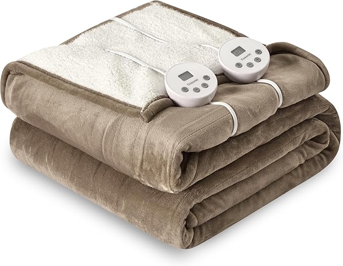 Heat Blanket 90”x100” King Size-Dual Control,Soft Flannel & Sherpa Electric Blanket with 10 Heat Settings,12 Timer Setting and 8 Hours Auto-Shut Off,ETL Certified Machine Washable,Light Brown