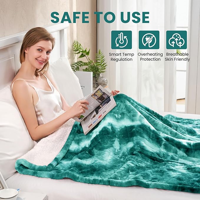 Electric Heated Throw Blanket 50"x60",Luxury Green Faux Rabbit Fur Electric Throw Blanket,Fast Heating Soft Fluffy Thick Electric Blanket with 6 Heating Levels & 12H Auto Off