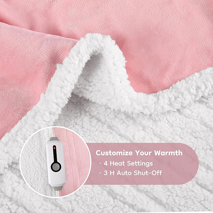 Electric Heated Blanket Throw Size - 50"x60", Soft Flannel Heating Blanket, 4 Heating Levels, 3 H Auto Shut Off, Breathable Warm and Washable for Sofa, Light Pink