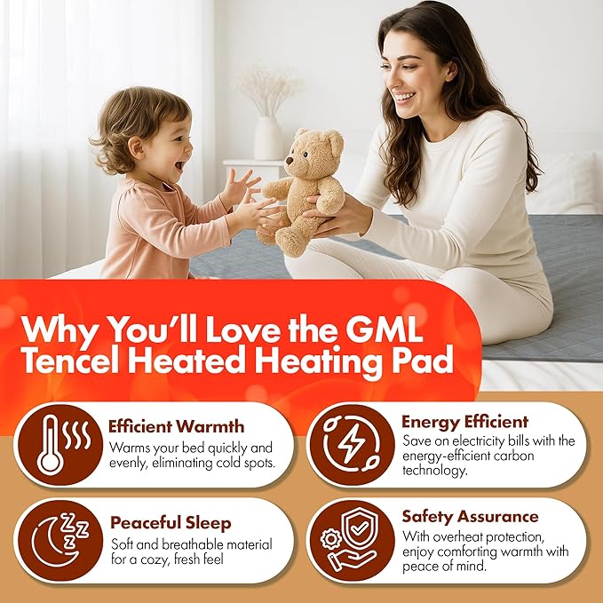 GML Bedding Heated Mattress Pad – Electric Bed Warmer Cover, Tencel Material Waterproof Bedding, Adjustable 5 Heat Settings and Automatic 15-Hour Shut Off, Machine Washable Topper – Twin Size 71x35