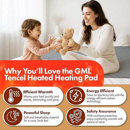 GML Bedding Heated Mattress Pad – Electric Bed Warmer Cover, Tencel Material Waterproof Bedding, Adjustable 5 Heat Settings and Automatic 15-Hour Shut Off, Machine Washable Topper – Twin Size 71x35