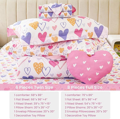 Mooreeke Full Size Comforter Sets for Girls Kids, 8 Pieces Bed in a Bag Pink Heart Bedding Comforter Sheet Set with Shams and Decorative Toy Pillow, Ultral Soft Microfiber Kids Bed Set