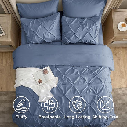 Bedsure King Size Comforter Set Slate Blue - Bed in a Bag Bedding Set 7 Pieces, GentleSoft™ Pintuck Bed Set Gift for Family, Pinch Pleat Slate Blue Comforter with Sheets, Pillowcases & Shams