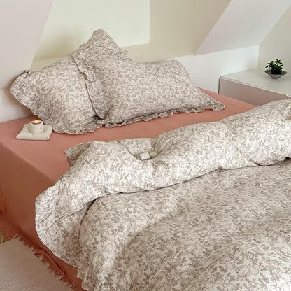 BuLuTu Forest Rabbit Print Duvet Cover Twin, Muslin Cotton Comforter Cover, Boys Girls Quilt Cover with Ruffles, Shabby Chic Kids Bedding Set for All Seasons, Zipper Closure,4 Corner Ties