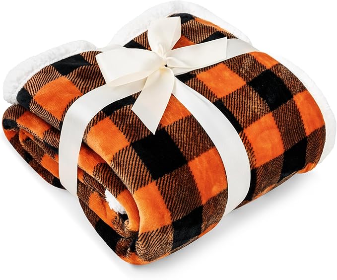 PAVILIA Black Orange Buffalo Plaid Sherpa Throw Blanket for Couch, Plush Halloween Checkered Fleece Blanket and Throws, Soft Fuzzy Flannel Blanket for Sofa Bed, Warm Cozy Winter Blanket Gift, 50x60