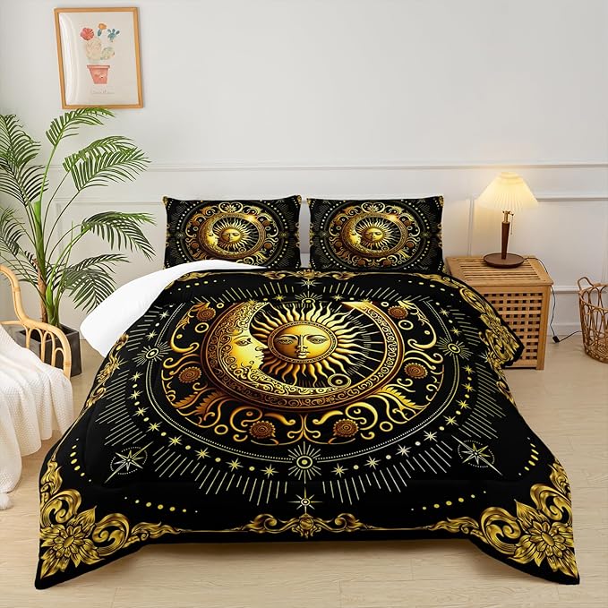 Black and Gold Full Size Sun and Moon Comforter Set，Quilts Full Size Bedding Sets Sun Moon，with 1 Comforter with 2 Pillow Case