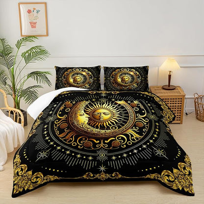 Black and Gold Full Size Sun and Moon Comforter Set，Quilts Full Size Bedding Sets Sun Moon，with 1 Comforter with 2 Pillow Case