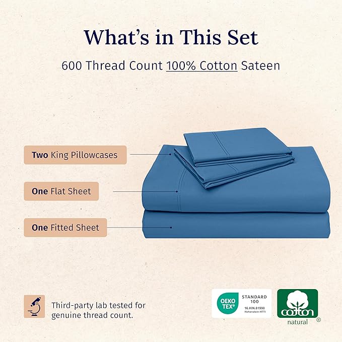 California Design Den King Sheets Cotton Set - Luxury 600 Thread Count Sateen, Natural 100% Cotton Cooling Sheets King Size, Hotel Quality, Durable Fully Elasticized Deep Pockets - Parisian Blue