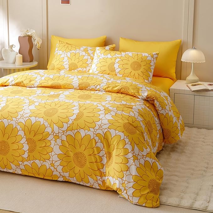 Wellboo Yellow Sunflower Comforter Sets Queen Boho Yellow Floral Bedding Set Cotton Women Girls White and Yellow Botanical Quilt Summer Floral Comforter Large Flower Plant Blankets Garden Bohemian Bed