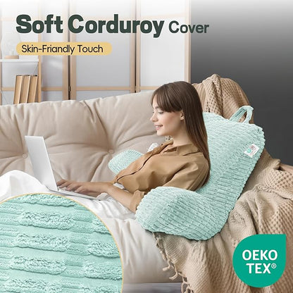 21" Higher Large Reading Pillow for Bed Adult, Back Pillow for Bed Sitting Up with Memory Foam Back Support with Arms Rest for Couch Chair Blue