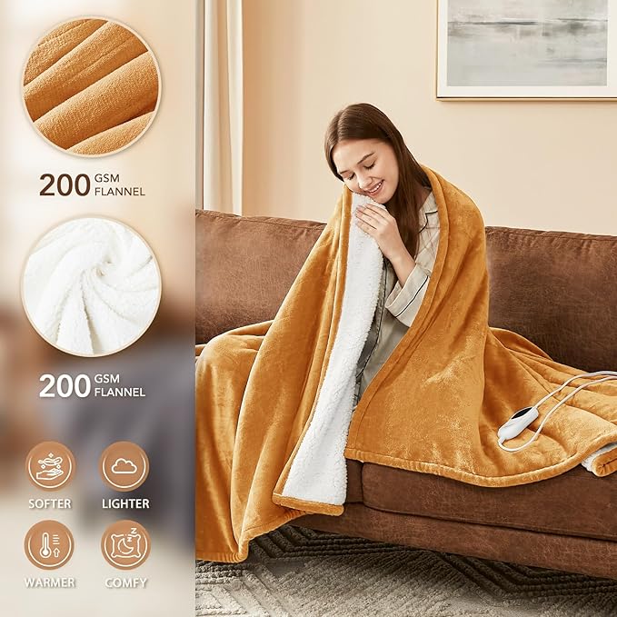 Homemate Electric Heated Blanket Twin Size - 62"x84" Heating Blanket Twin Size 1/2/4/6/8 Hours Auto-Off 10 Heat Level Over-Heat Protection Flannel Sherpa ETL Certification