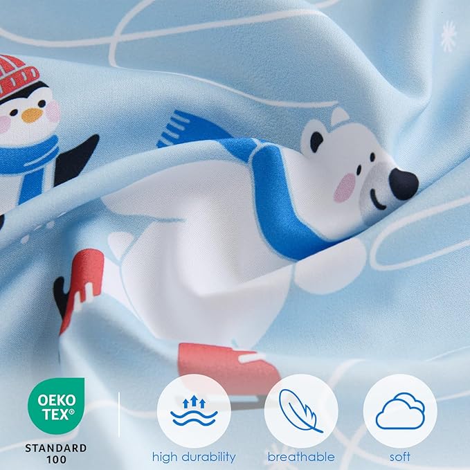 Twin Comforter Set for Kids, Boys, Girls, 4 Pieces Bed-in-a-Bag Bedding Set, All Season Ultra Soft Sheets Set with Comforter, Penguin Skiing
