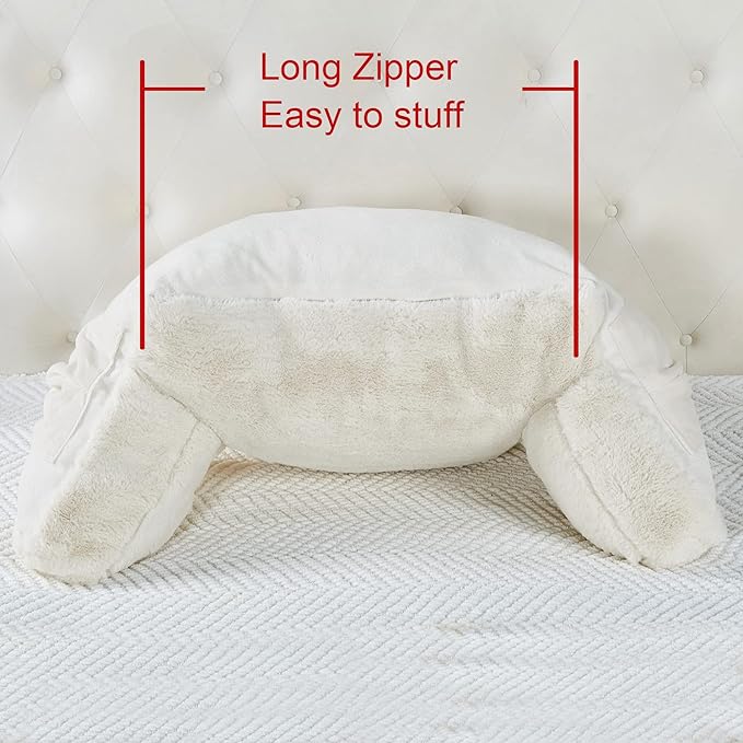Faux Fur Assembly Need DIY Extra Large Backrest Reading Bed Rest Pillow with Arms and Pockets for Sitting in Bed Couch Sofa, Removable Cover & Filling Seprated, 28" x 30" x17", Cream