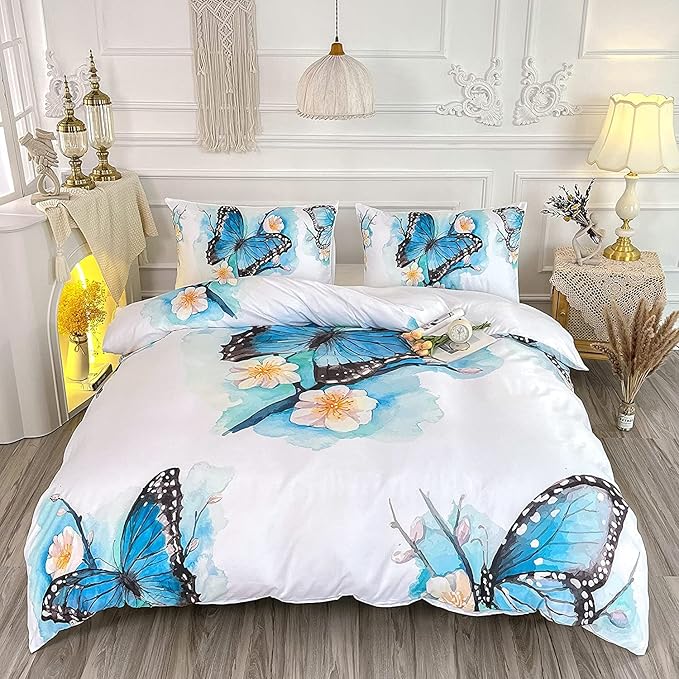 CVHOUSE Butterfly Duvet Cover Queen Size,Blue Watercolor Bedding Set,Butterfly Comforter for Girls Kids Teens,1 2 Pillowcases 3 Piece Queen 89'x89'