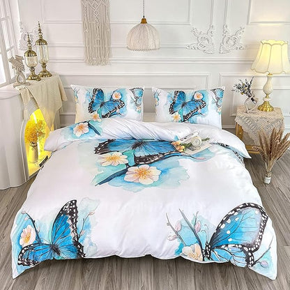 CVHOUSE Butterfly Duvet Cover Twin Size,Blue Watercolor Bedding Set,Butterfly Comforter for Girls Kids Teens,1 2 Pillowcases 3 Piece Twin 71'x87'