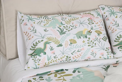 Castle Fairy Cute Dino Kids Comforter Set Queen Size,Kawaii Pink Green Dinosaur Bedding Set for Women Adult,Cartoon Wildlife Floral Leaves Plant Luxury Bed Duvet Insert, 2 Pillowcases