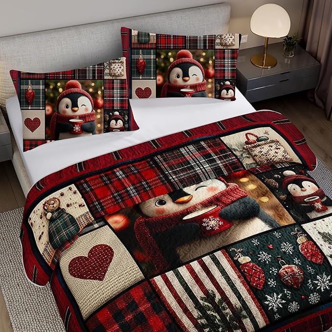 Cartoon Black White Penguin Quilts Bedding King 3Pcs Red Heart Snowflakes Bed Set Xmas Gift Patchwork Grid Pattern Bedspread Coverlet with 2 Pillowcases for Kid Boy Girl Teen Adult Room Decor