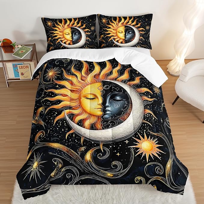 Sun and Moon Bedding Set Queen Size,Yellow Galaxy Celestial Bedding for Kids Boys Girls Teens Room Boho Decor,Black and Yellow Fluffy Comforter Sets with 2 Pillowcases.