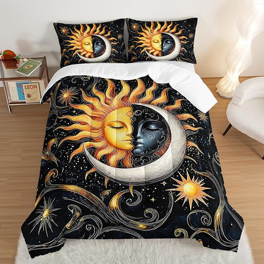 Sun and Moon Bedding Set King Size,Yellow Galaxy Celestial Bedding for Kids Boys Girls Teens Room Boho Decor,Black and Yellow Fluffy Comforter Sets with 2 Pillowcases.