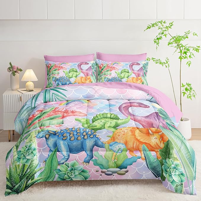 Pastel Dinosaur Comforter Set (7 Piece) - Mermaid Scale Kids Bedding, Pink Blue Purple Dinosaur Quilt Set for Boys Girls, All Season Microfiber Bed Set with Shams, Flat/Fitted Sheet (Queen)