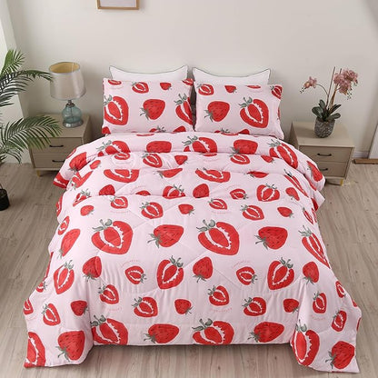 SDIII 3PCS Pink Strawberry Comforter Set Twin, Soft Microfiber Lightweight Pink Twin Comforter Set, Strawberry Bedding Quilt for Girls Boys Kids Teens