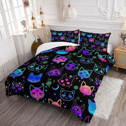 Axolotl Cat Comforter Set King,Kawaii Gradient Cat Bedding with 1 Comforter 2 Pillowcases,Colorful Neon Cats Animal Bed Set,Moon Stars Bedding for Kids Boys Girls Teens Adults Room Decor All Season,